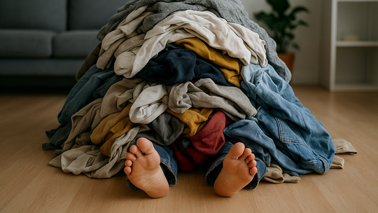 Mistrz kamuflażu. Niewidzialny człowiek pod sterta ubrań