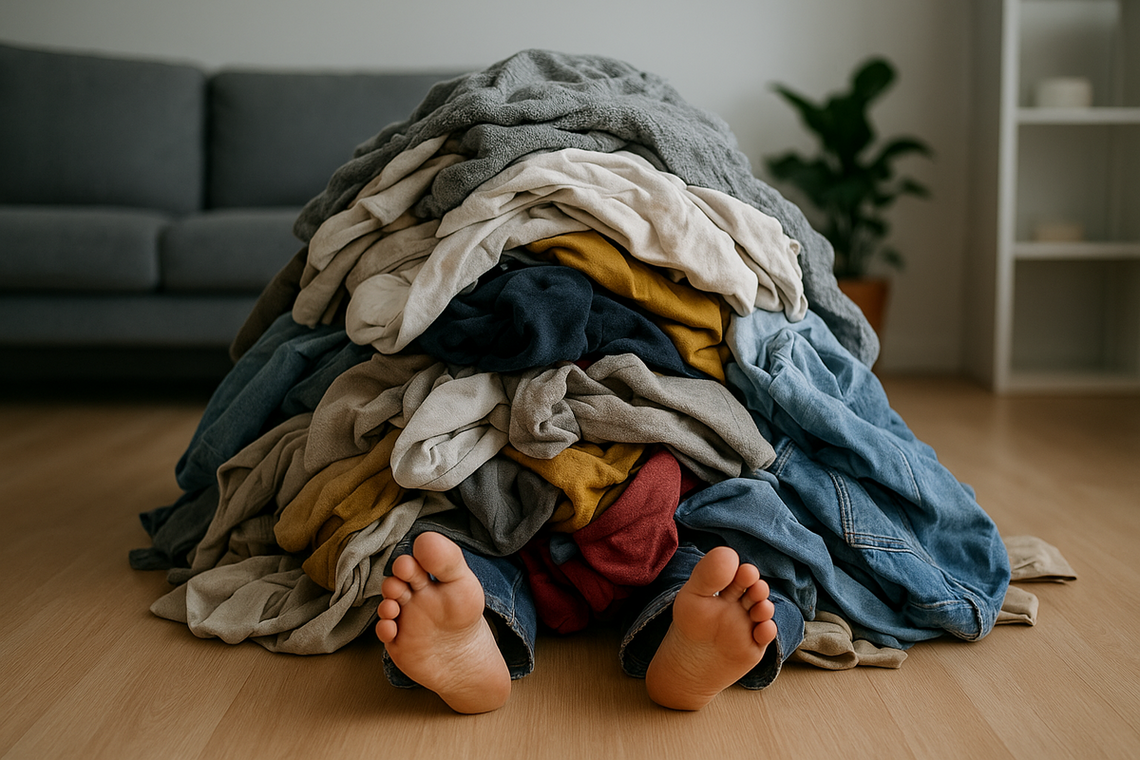 Mistrz kamuflażu. Niewidzialny człowiek pod sterta ubrań Mistrz kamuflażu. Niewidzialny człowiek pod sterta ubrań