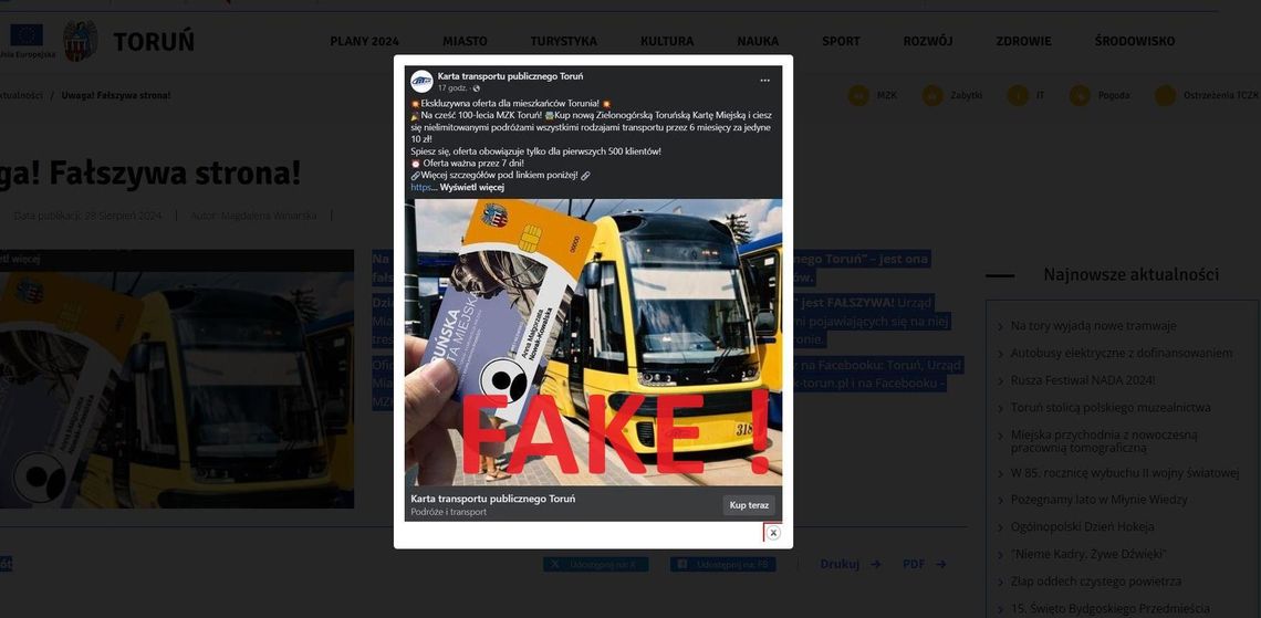 Bądźcie ostrożni! Chodzi o stronę "Karta transportu publicznego Toruń" na FB